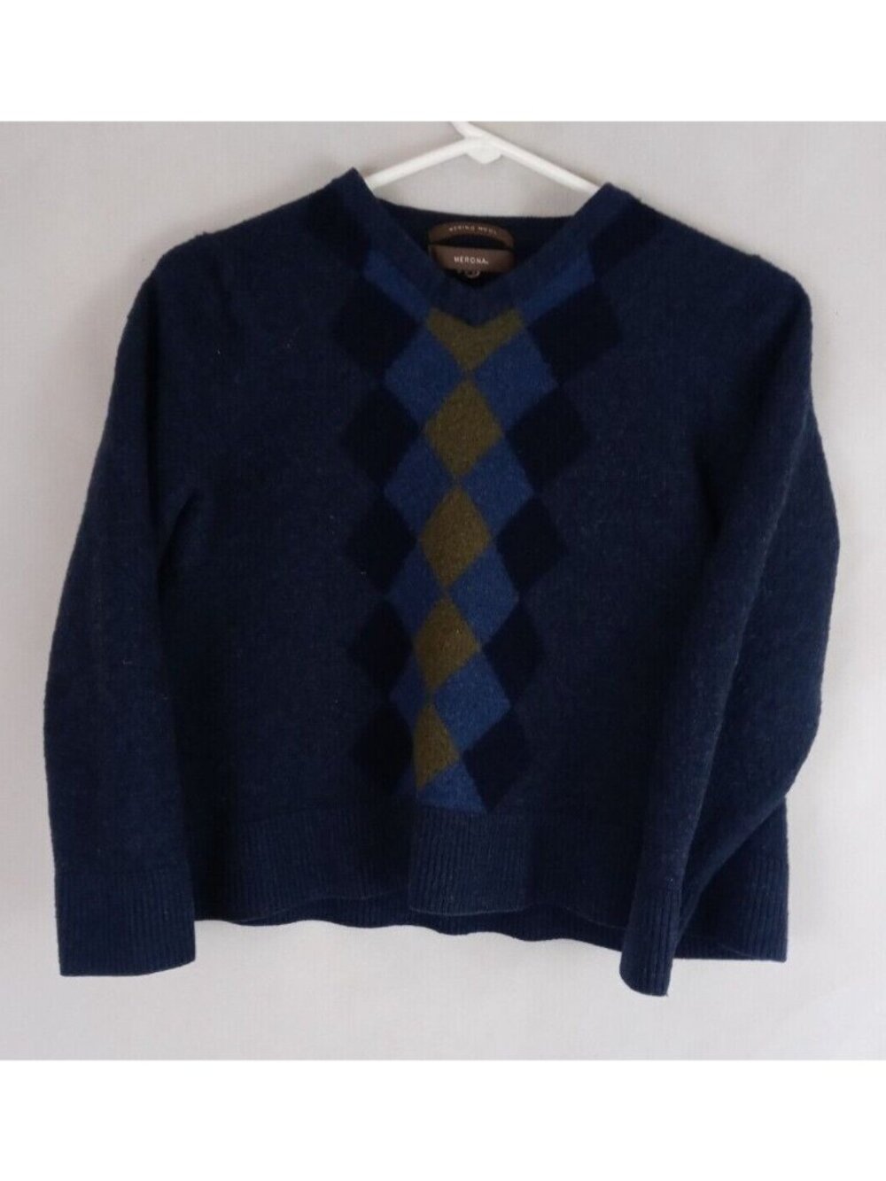 Merona Boy's Blue & Green Argyle Pullover 100% Merino Wool Sweater Size Large